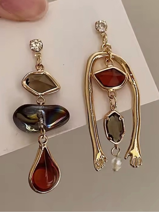 Zara Jewelry - Gold Tone Asymmetric Drop Earrings with Brown and Amber Stones